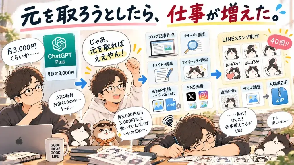 ChatGPTの月額料金の元を取ろうとして、ブログや画像制作、SNS、LINEスタンプ制作まで仕事を増やしてしまった40代男性を描いたイラスト
