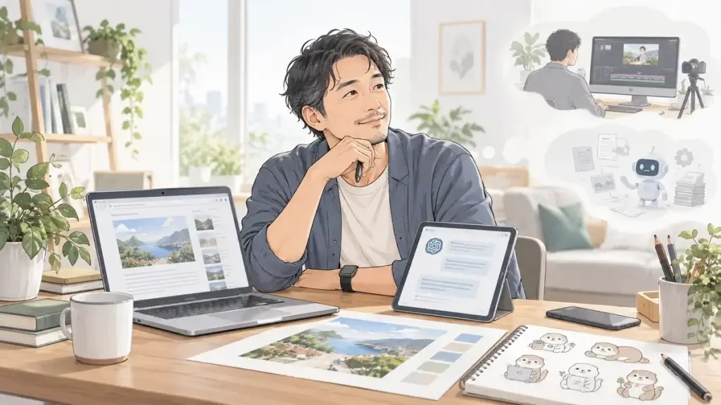 ブログやAI、画像制作など興味のあることを選びながら、やらないことも考える40代男性のイラスト