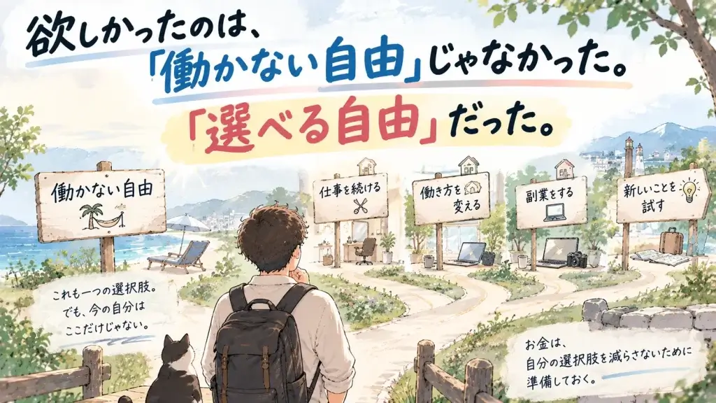 働かない自由ではなく、仕事を続ける・働き方を変える・副業をする・新しいことを試すなど、自分で働き方を選べる自由を表したイラスト