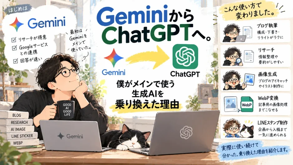 Geminiをメインで使っていた男性が、ブログ執筆や画像生成、LINEスタンプ制作などを通してChatGPTへ乗り換えた理由を紹介するアイキャッチ