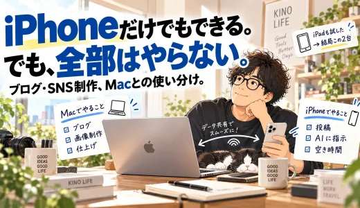 iPhoneとMacを使い分けて、ブログ制作・SNS投稿・AIへの指示を進める40代男性のイラスト