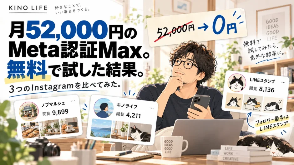 月額52,000円のMeta認証Maxを無料体験し、3つのInstagramアカウントの閲覧数やフォロワー数を比較した40代男性のイラスト