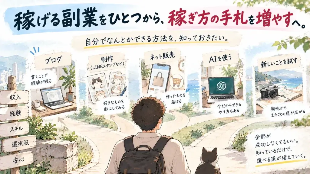 ブログ・LINEスタンプ制作・ネット販売・AIなど、ひとつの副業に頼らず複数の稼ぎ方を知り、自分で選べる手札を増やしていく様子を描いたイラスト
