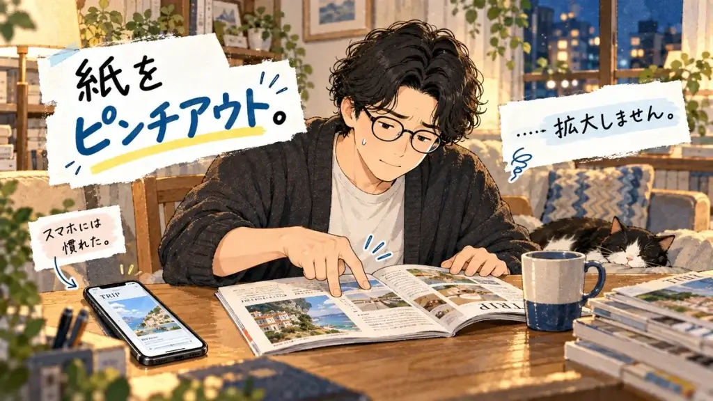 スマホの拡大操作に慣れ、紙の雑誌を指でピンチアウトしようとする40代男性のイラスト