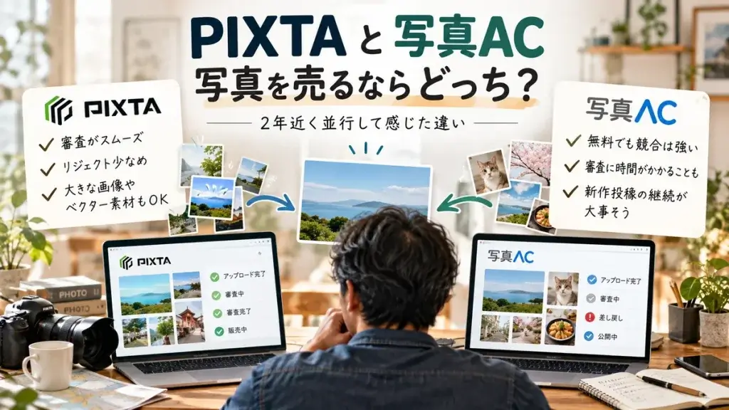 同じ写真素材をPIXTAと写真ACに投稿し、審査や継続投稿の違いを比較する40代男性のイラスト
