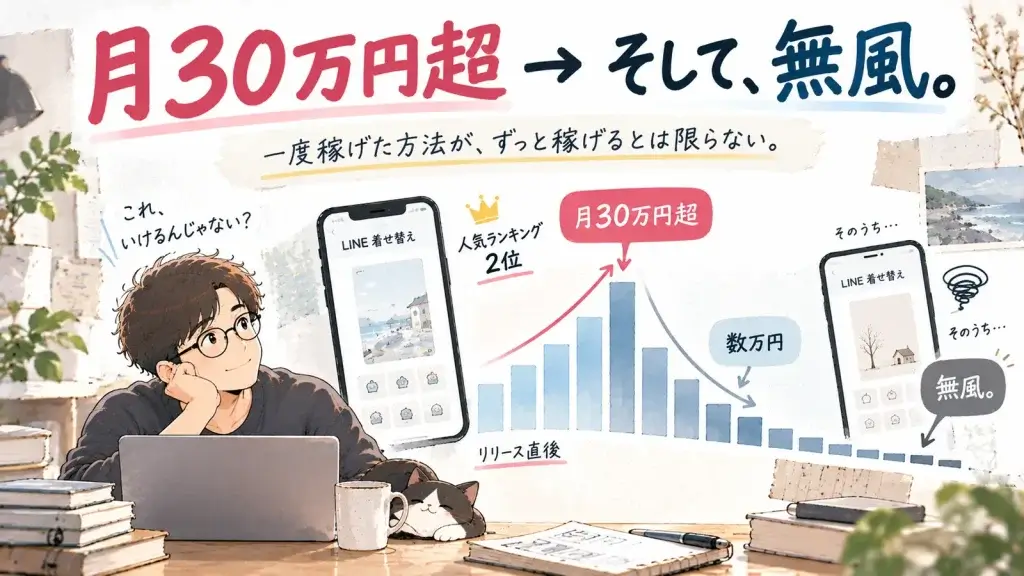 LINE着せ替えの売上が月30万円を超えた後、数万円へ下がり、やがてほとんど売れなくなった副業経験を表したイラスト