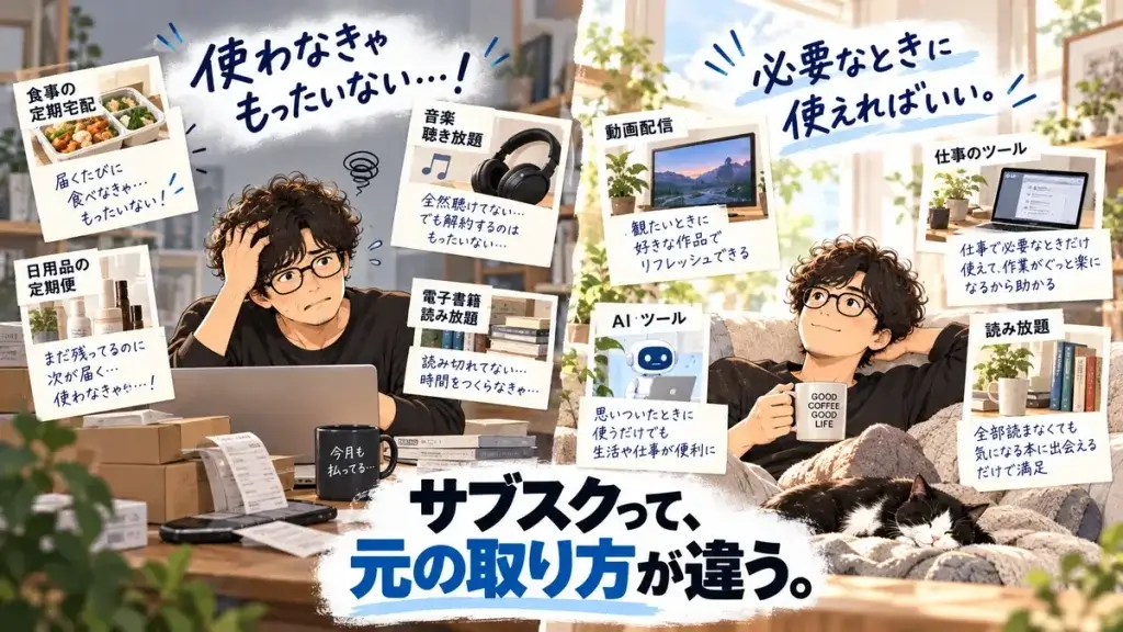 使わなきゃ損と感じるサブスクと、必要なときに使えれば満足できるサブスクの違いを比べる40代男性のイラスト