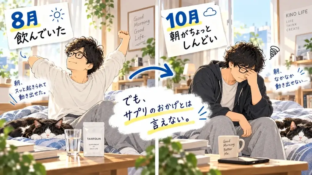 タキシフォリンを飲んでいた8月と、やめた後の10月で朝の体調の違いを振り返る40代男性の比較イラスト