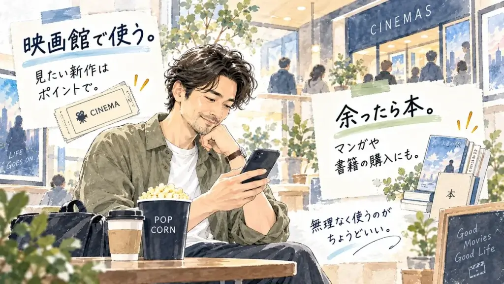 U-NEXTポイントを映画館で使い、余ったポイントは本の購入に使う40代男性のイラスト