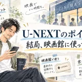 U-NEXTのポイントを映画館で使う40代男性と、毎月1,200ポイントや書籍購入を示したイラスト