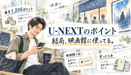 U-NEXTのポイントを映画館で使う40代男性と、毎月1,200ポイントや書籍購入を示したイラスト