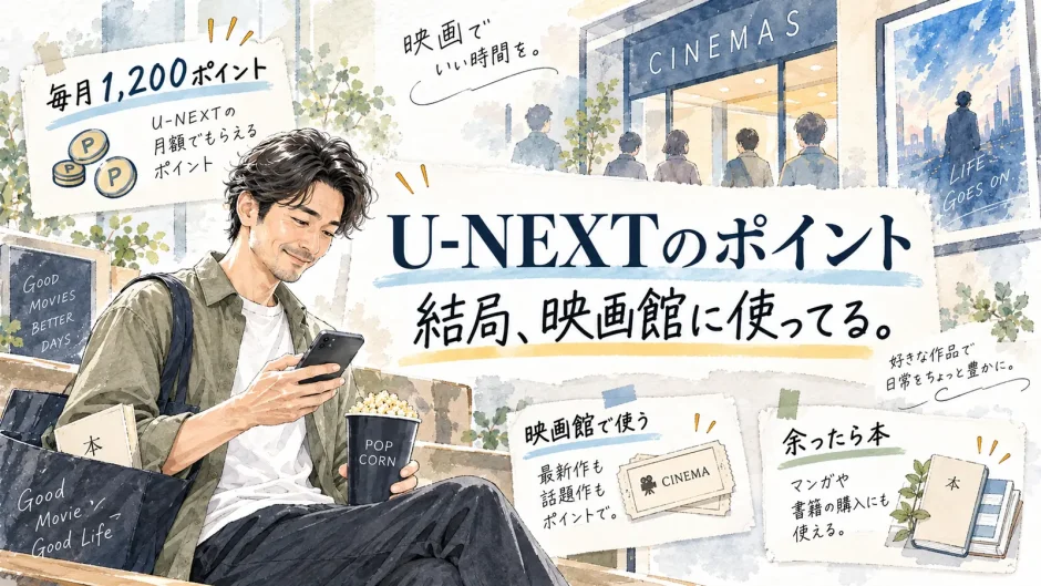 U-NEXTのポイントを映画館で使う40代男性と、毎月1,200ポイントや書籍購入を示したイラスト